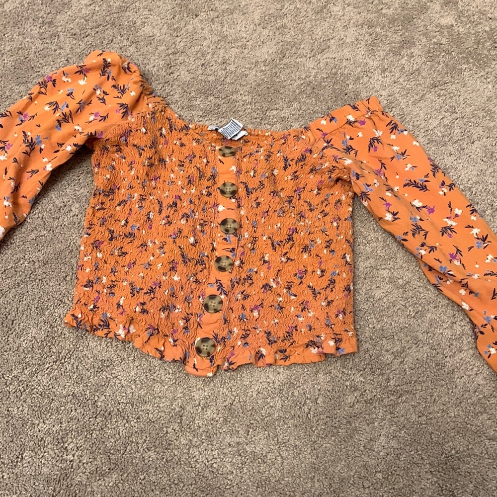Orange flower puffy sleeve shirt